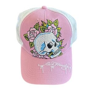 Ed Hardy Pink Rhinestone Skull Roses Trucker Hat Mesh Snapback Y2K Tattoo Art